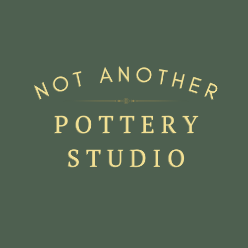 A logo of Not Another Pottery Studio with gold writing and green background